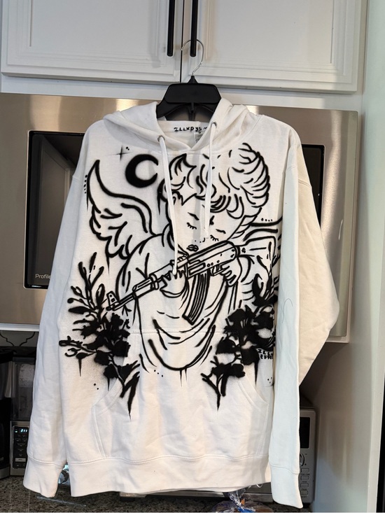Other - White Graphic Angel Hoodie with Black Stencil Art Custom lll Effex